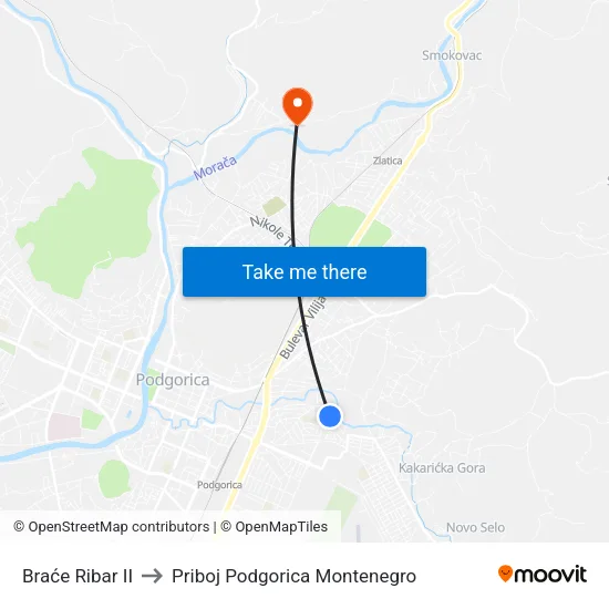 Braće Ribar II to Priboj Podgorica Montenegro map
