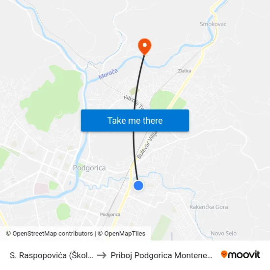 S. Raspopovića (Škola) to Priboj Podgorica Montenegro map