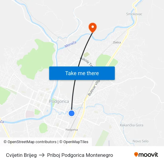 Cvijetin Brijeg to Priboj Podgorica Montenegro map