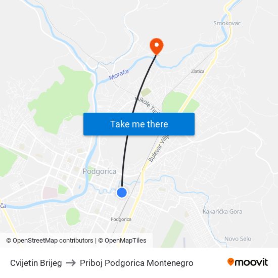 Cvijetin Brijeg to Priboj Podgorica Montenegro map