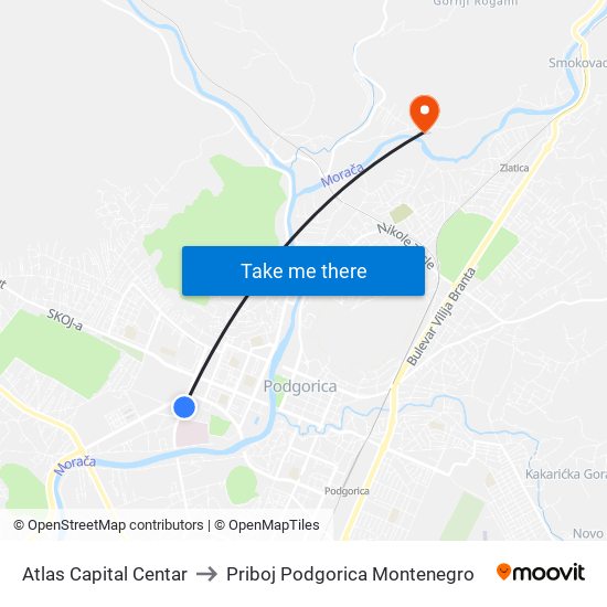 Atlas Capital Centar to Priboj Podgorica Montenegro map