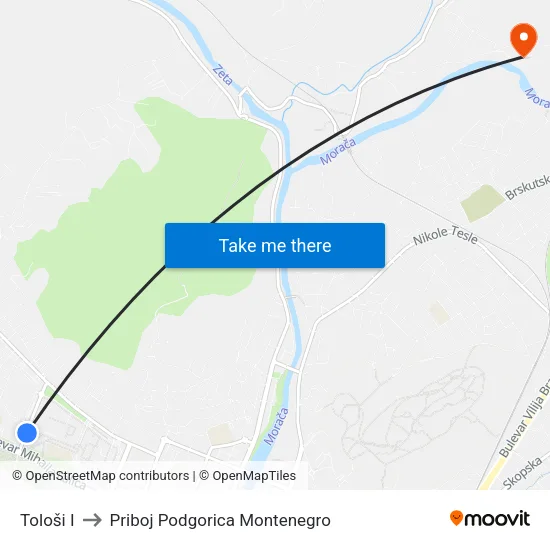 Tološi I to Priboj Podgorica Montenegro map