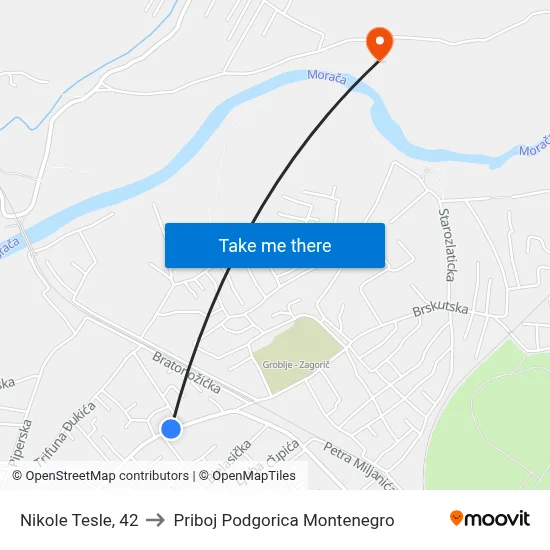 Nikole Tesle, 42 to Priboj Podgorica Montenegro map