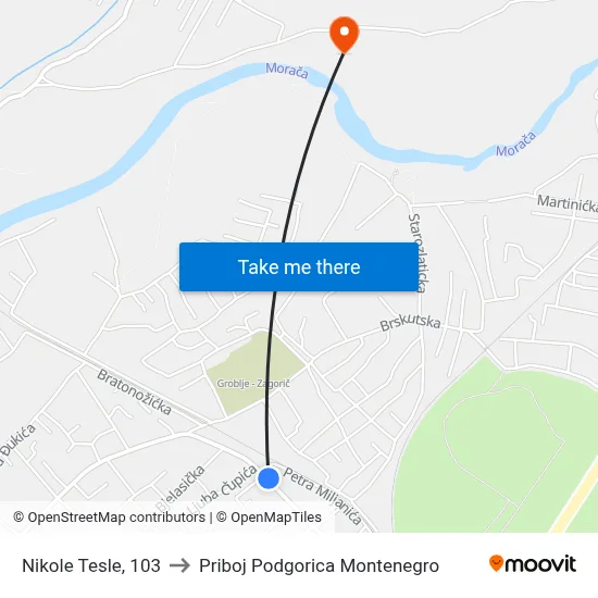 Nikole Tesle, 103 to Priboj Podgorica Montenegro map