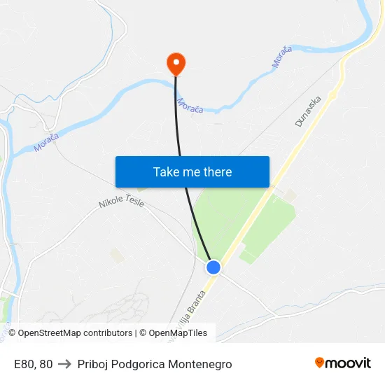 E80, 80 to Priboj Podgorica Montenegro map