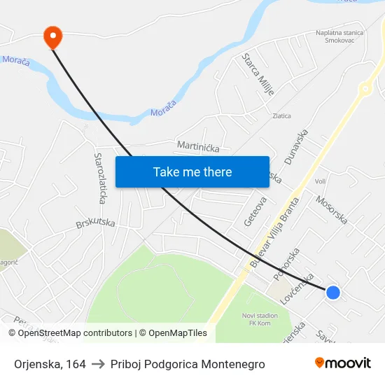Orjenska, 164 to Priboj Podgorica Montenegro map