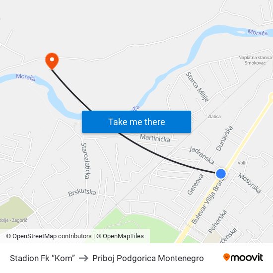 Stadion Fk “Kom” to Priboj Podgorica Montenegro map