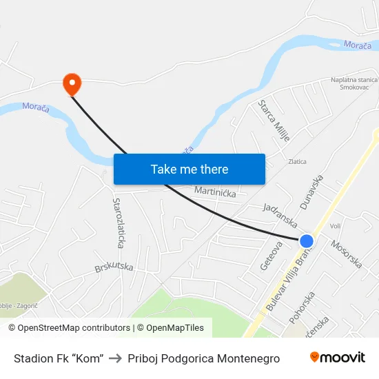 Stadion Fk “Kom” to Priboj Podgorica Montenegro map