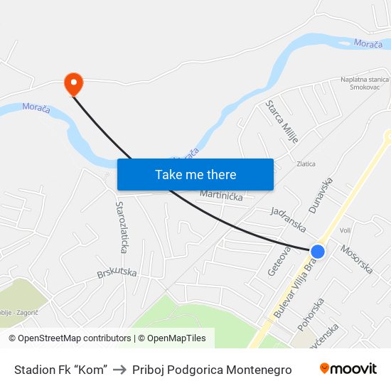 Stadion Fk “Kom” to Priboj Podgorica Montenegro map