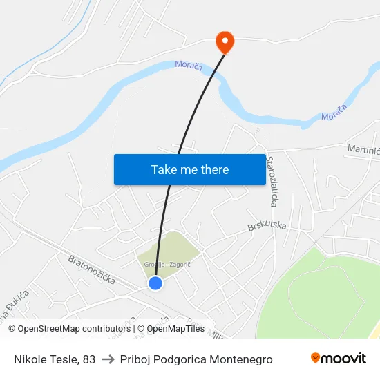 Nikole Tesle, 83 to Priboj Podgorica Montenegro map