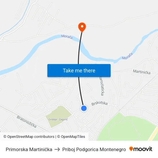 Primorska Martinićka to Priboj Podgorica Montenegro map