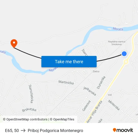 E65, 50 to Priboj Podgorica Montenegro map
