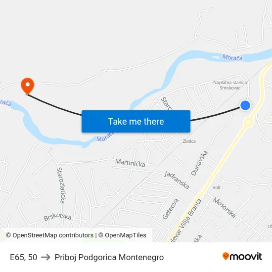 E65, 50 to Priboj Podgorica Montenegro map