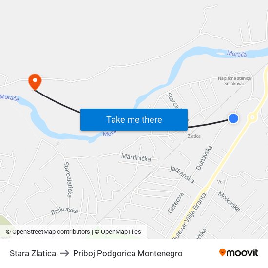 Stara Zlatica to Priboj Podgorica Montenegro map