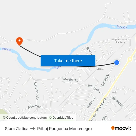 Stara Zlatica to Priboj Podgorica Montenegro map