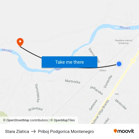 Stara Zlatica to Priboj Podgorica Montenegro map