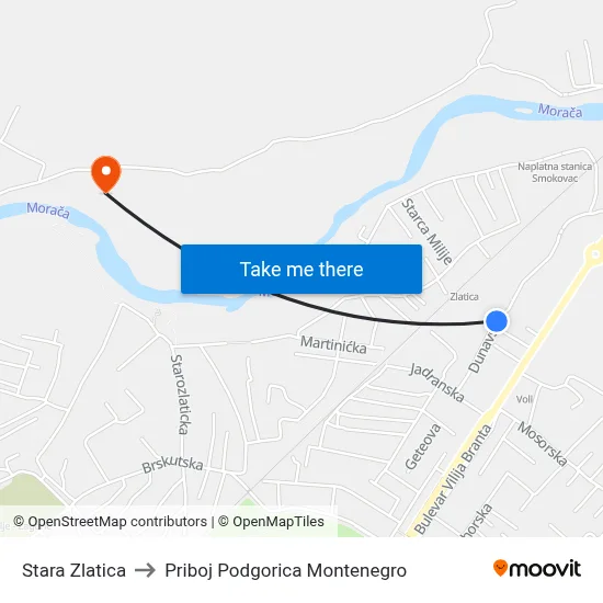 Stara Zlatica to Priboj Podgorica Montenegro map