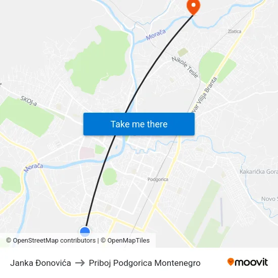 Janka Đonovića to Priboj Podgorica Montenegro map