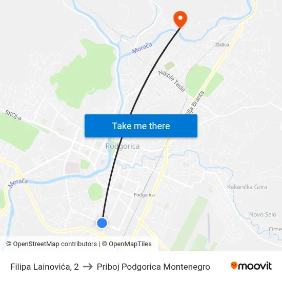 Filipa Lainovića, 2 to Priboj Podgorica Montenegro map