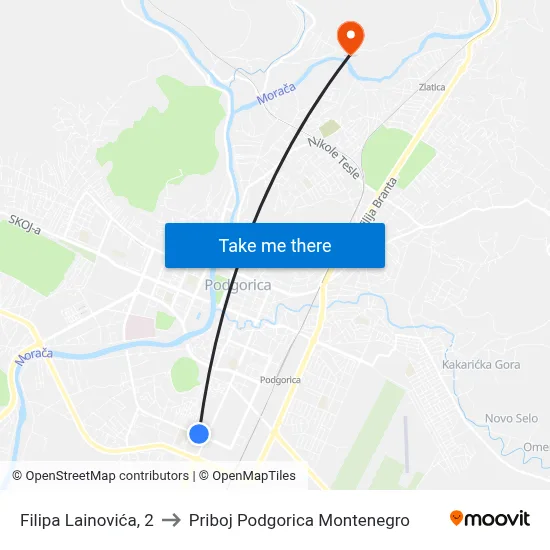 Filipa Lainovića, 2 to Priboj Podgorica Montenegro map