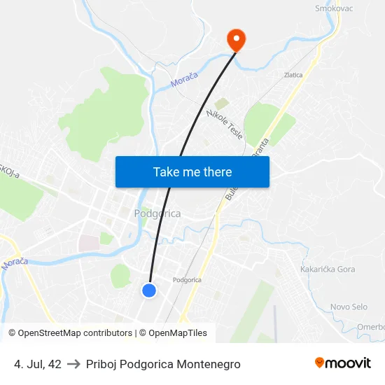 4. Jul, 42 to Priboj Podgorica Montenegro map