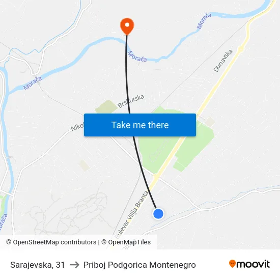Sarajevska, 31 to Priboj Podgorica Montenegro map