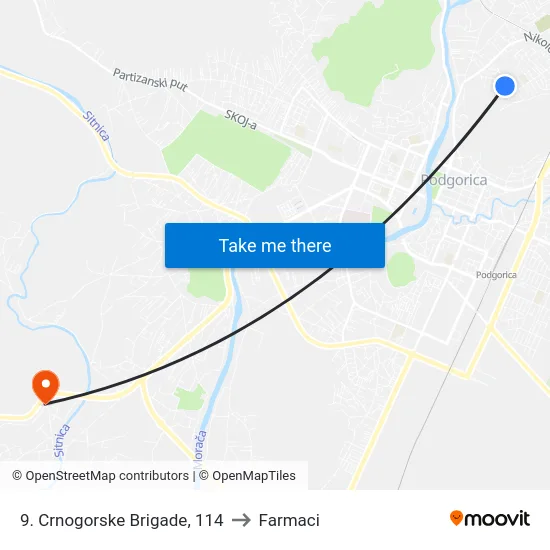 9. Crnogorske Brigade, 114 to Farmaci map