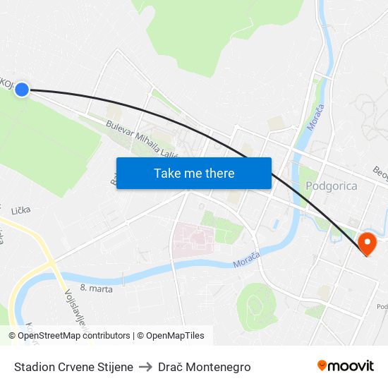 Stadion Crvene Stijene to Drač Montenegro map