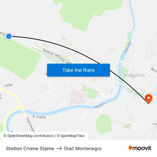 Stadion Crvene Stijene to Drač Montenegro map