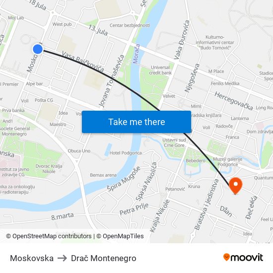 Moskovska to Drač Montenegro map