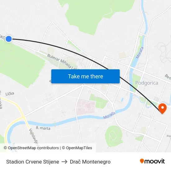 Stadion Crvene Stijene to Drač Montenegro map