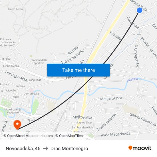 Novosadska, 46 to Drač Montenegro map