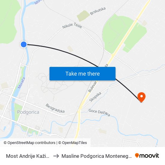 Most Andrije Kažića to Masline Podgorica Montenegro map