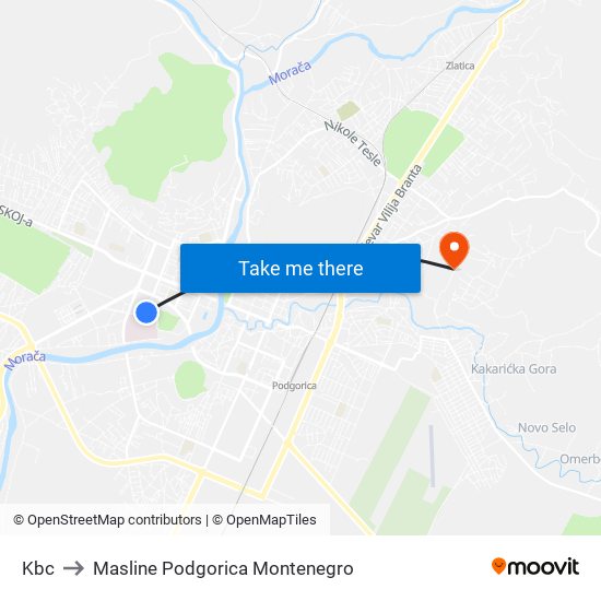 Kbc to Masline Podgorica Montenegro map