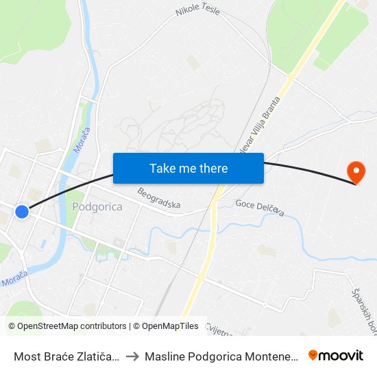 Most Braće Zlatičana to Masline Podgorica Montenegro map