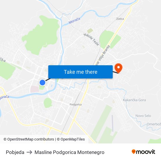 Pobjeda to Masline Podgorica Montenegro map