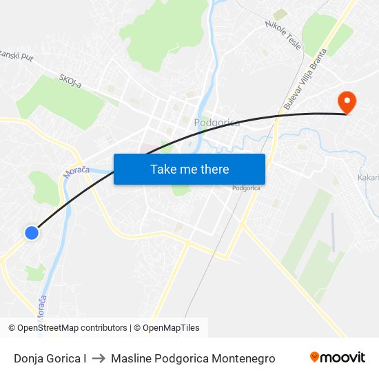 Donja Gorica I to Masline Podgorica Montenegro map