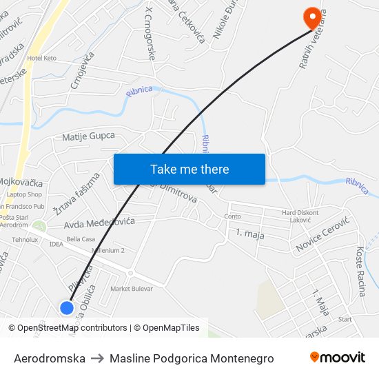 Aerodromska to Masline Podgorica Montenegro map