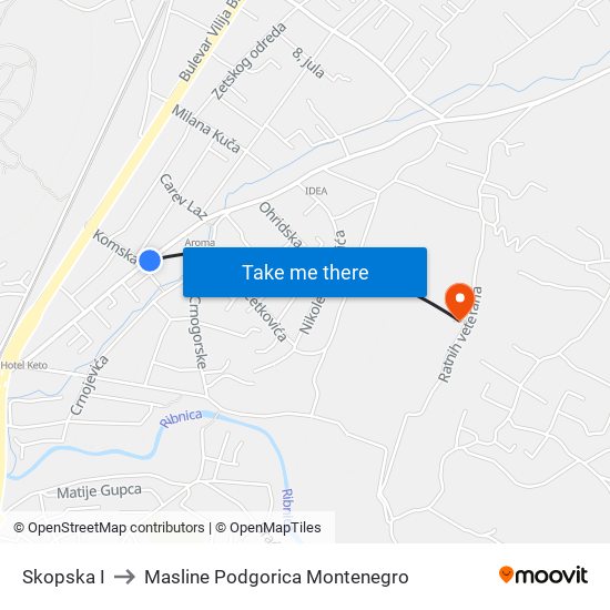 Skopska I to Masline Podgorica Montenegro map