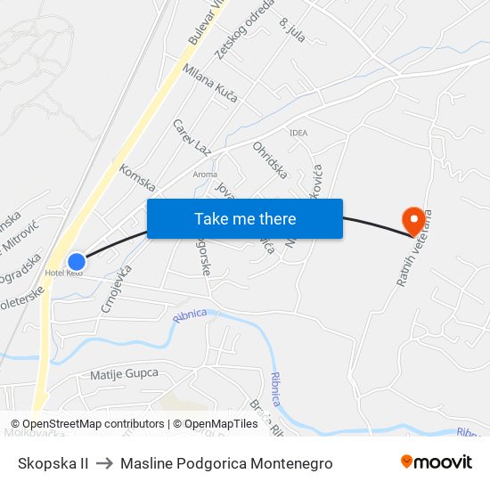 Skopska II to Masline Podgorica Montenegro map