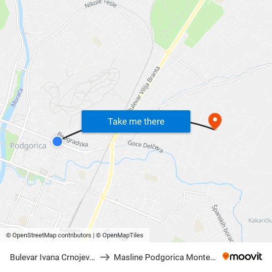 Bulevar Ivana Crnojevića II to Masline Podgorica Montenegro map