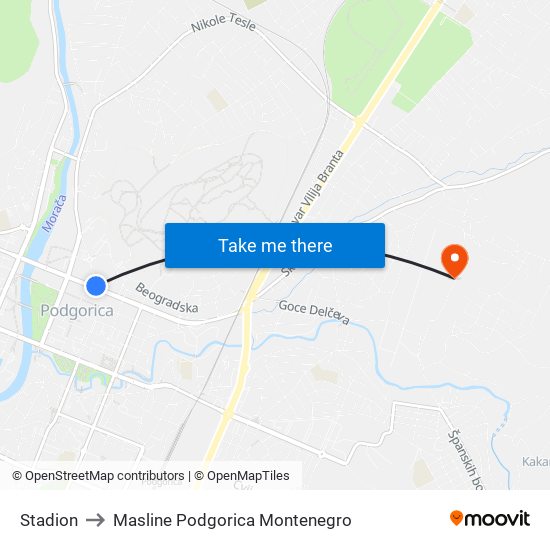 Stadion to Masline Podgorica Montenegro map