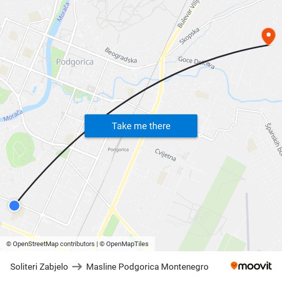 Soliteri Zabjelo to Masline Podgorica Montenegro map