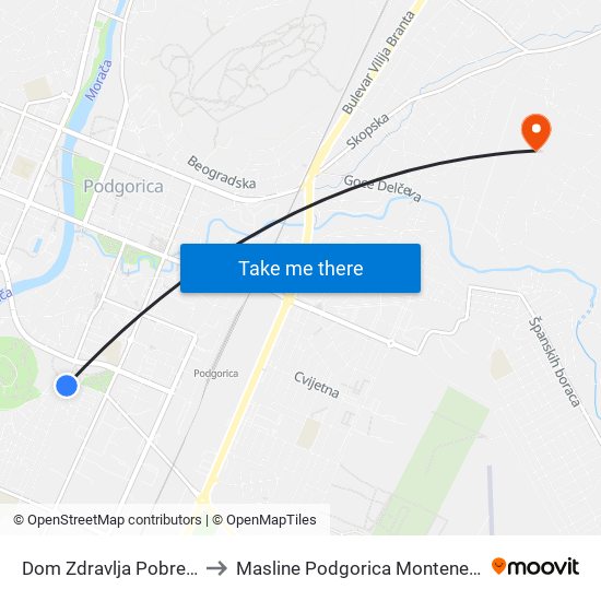 Dom Zdravlja Pobrežje to Masline Podgorica Montenegro map