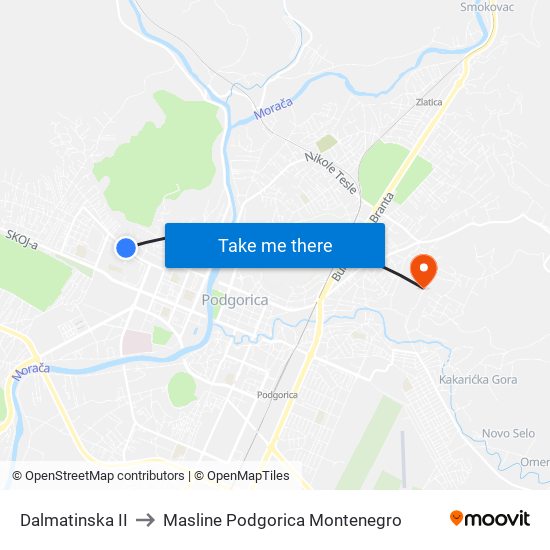 Dalmatinska II to Masline Podgorica Montenegro map