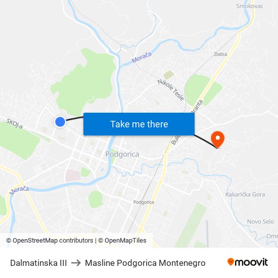 Dalmatinska III to Masline Podgorica Montenegro map