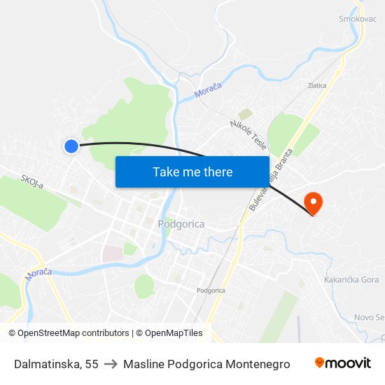 Dalmatinska, 55 to Masline Podgorica Montenegro map