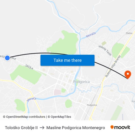 Tološko Groblje II to Masline Podgorica Montenegro map