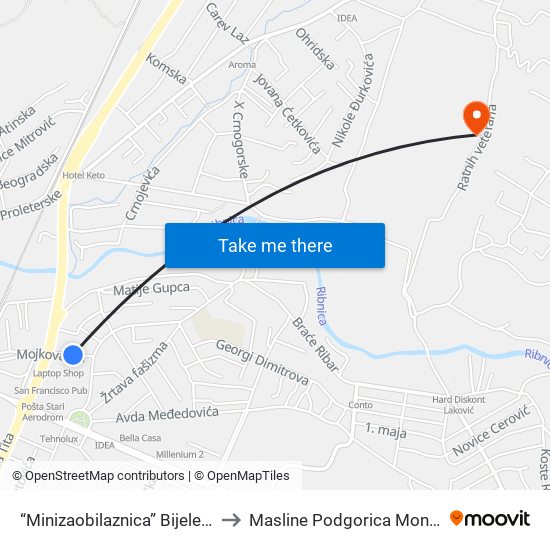 “Minizaobilaznica” Bijele Zgrade to Masline Podgorica Montenegro map