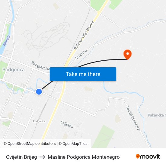 Cvijetin Brijeg to Masline Podgorica Montenegro map